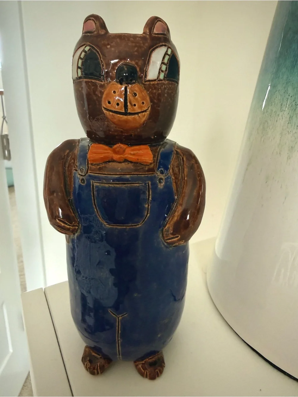 Handmade Pottery Bear Vase Folk Art Blue Overalls Rustic Cabin Decor